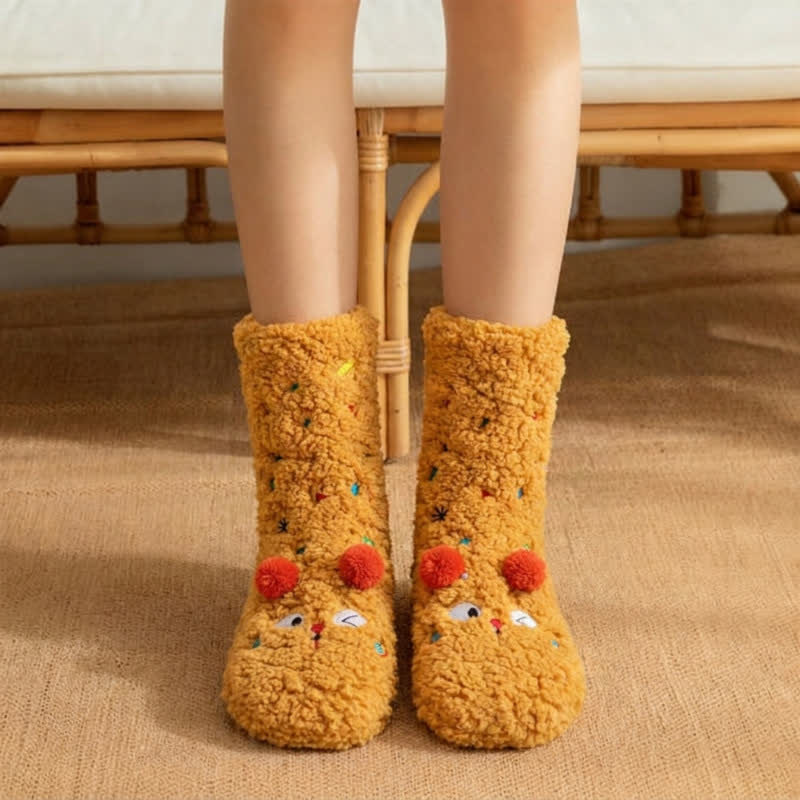 Plusock Pink Green Pom-Pom Cartoon Animal Slipper Socks - Brown - EU36-42(US3-8) - image 3