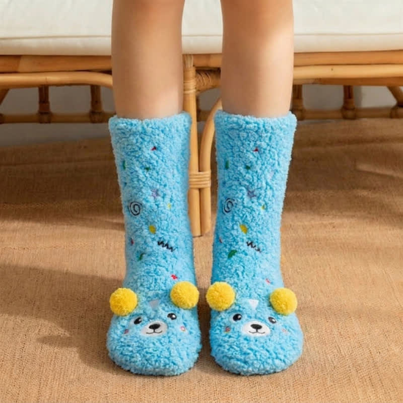 Plusock Pink Green Pom-Pom Cartoon Animal Slipper Socks - Blue - EU36-42(US3-8) - image 5