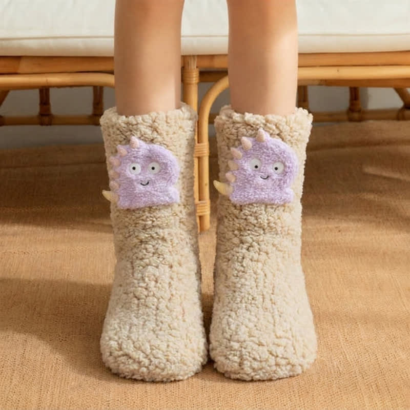 Plusock White Pink Dinosaur Cartoon Slipper Socks - Khaki - EU36-42(US3-8) - image 2