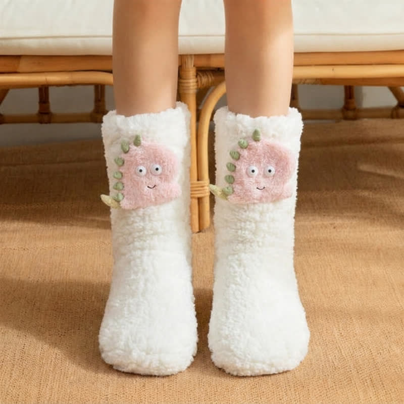 Plusock White Pink Dinosaur Cartoon Slipper Socks - White - EU36-42(US3-8) - image 1