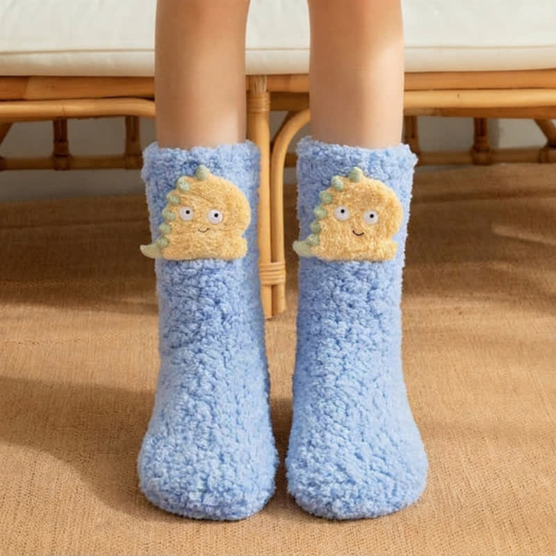 Plusock White Pink Dinosaur Cartoon Slipper Socks - Blue - EU36-42(US3-8) - image 5