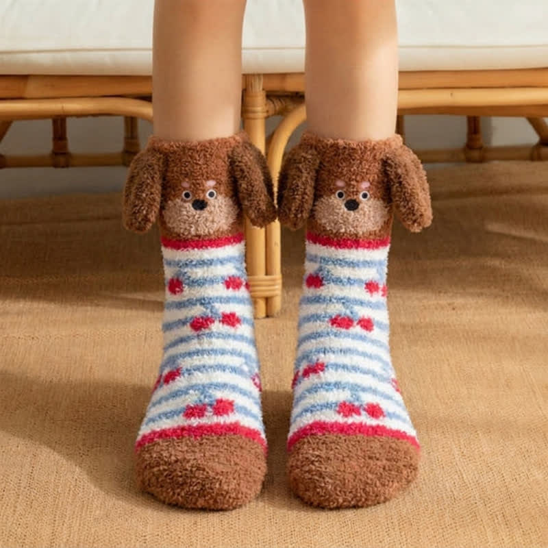 Plusock Brown And Pink Striped Puppy Ear Slipper Socks (3 Pairs) - Red - EU36-42(US3-8) - image 0