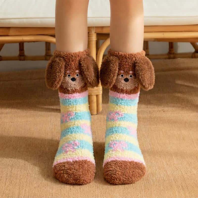 Plusock Brown And Pink Striped Puppy Ear Slipper Socks (3 Pairs) - Yellow - EU36-42(US3-8) - image 3