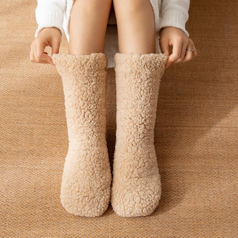 Plusock Solid White Fluffy Mid-Calf Slipper Socks (2 Pairs) - Khaki - EU36-42(US3-8) - image 1