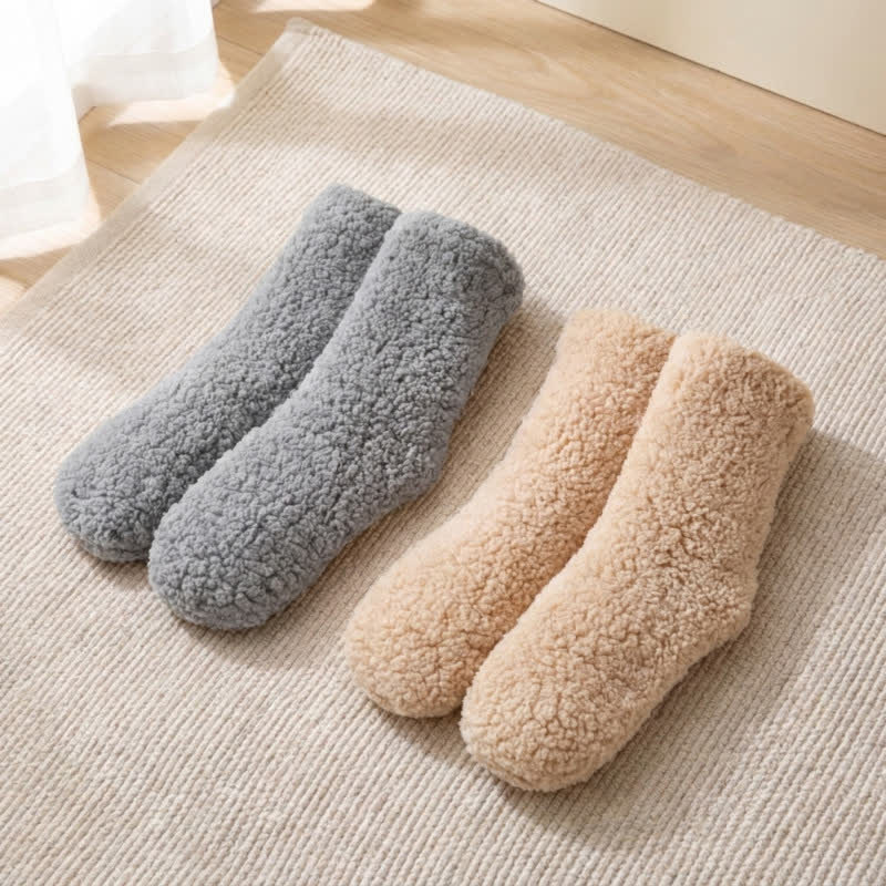 Plusock Solid White Fluffy Mid-Calf Slipper Socks (2 Pairs) - Khaki+Grey - EU36-42(US3-8) - image 8
