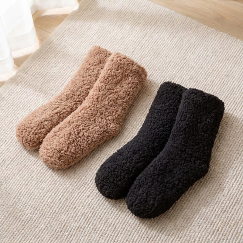 Plusock Solid White Fluffy Mid-Calf Slipper Socks (2 Pairs) - Black+Coffee - EU36-42(US3-8) - image 7