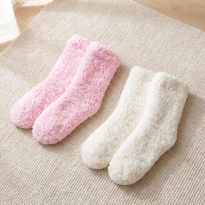 Plusock Solid White Fluffy Mid-Calf Slipper Socks (2 Pairs) - White+Pink - EU36-42(US3-8) - image 9