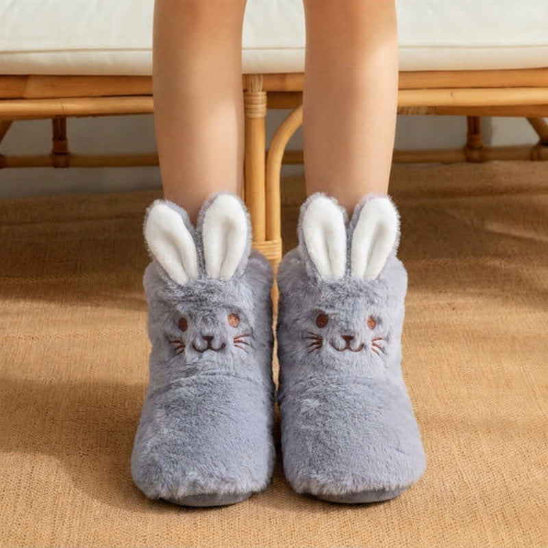 Plusock Pink Bunny Ears Plush Fleece Slipper Socks - Grey - Kids EU32–35(US1–3.5) - image 4