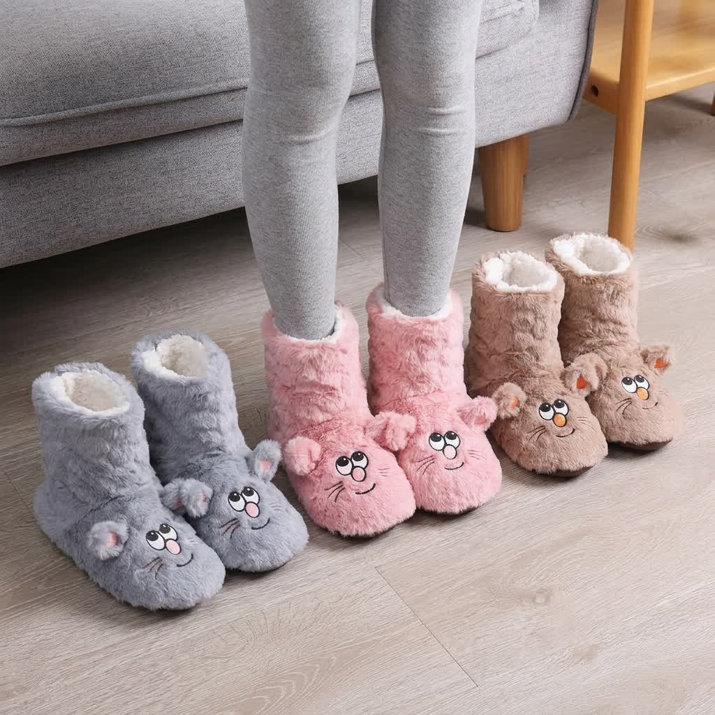 Plusock Pink Cartoon Cat Face Fuzzy Slipper Socks - image 1