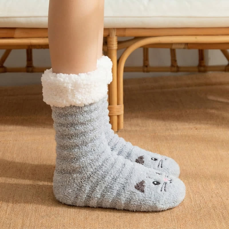 Plusock Grey Striped Cat Face Plush Cuff Slipper Socks - image 3