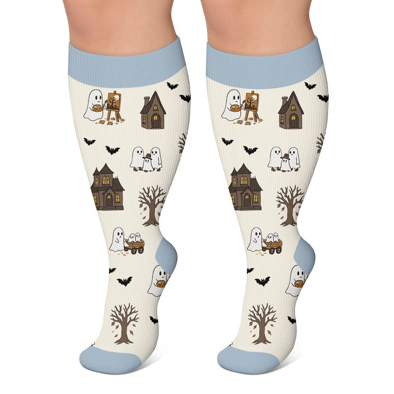 Plusock Plus Size Haunted House Ghost Compression Socks - Beige - 4XL - image 5