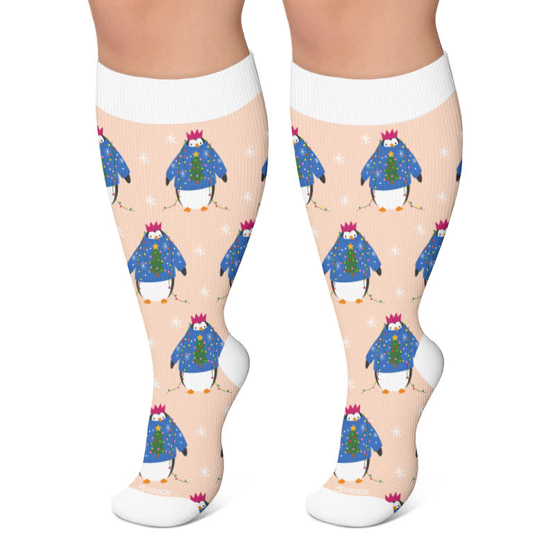 Plusock Plus Size Christmas Penguin Compression Socks - Pink - 4XL - image 5