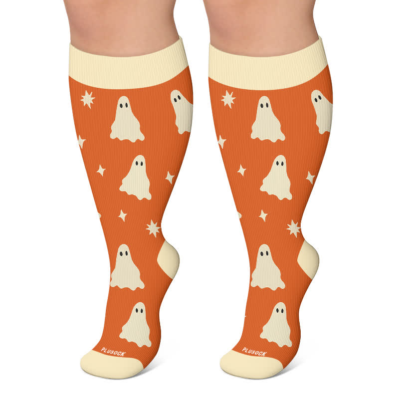 Plusock Plus Size Ghosts Pumpkins Campfire Compression Socks - Orange - 4XL - image 4