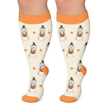Plusock Plus Size Ghosts Pumpkins Campfire Compression Socks - Beige - 4XL - image 5
