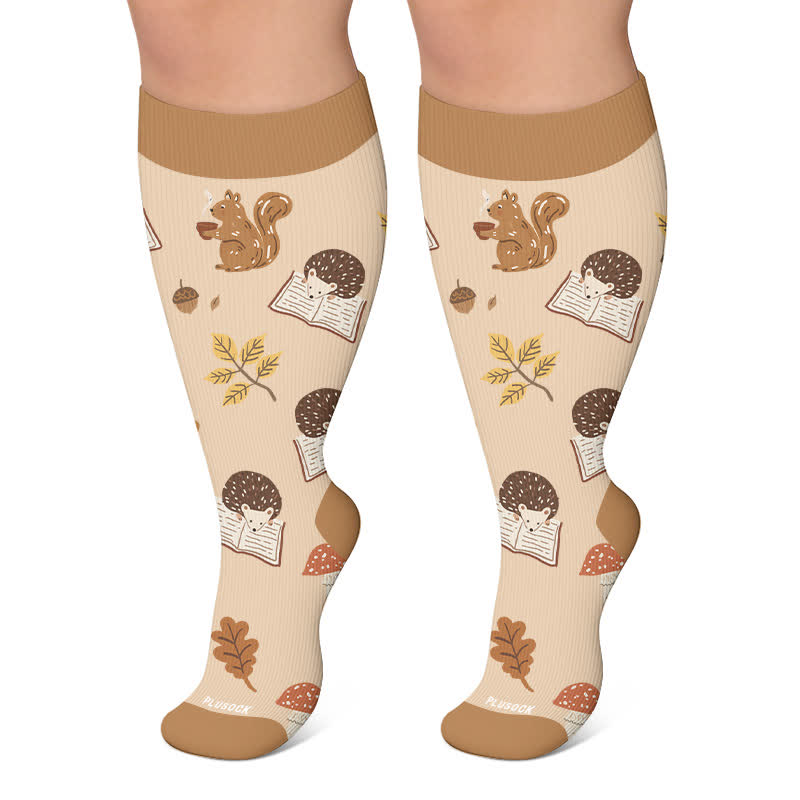 Plusock Plus Size Autumn Cats Hedgehogs Compression Socks - Khaki - 4XL - image 5