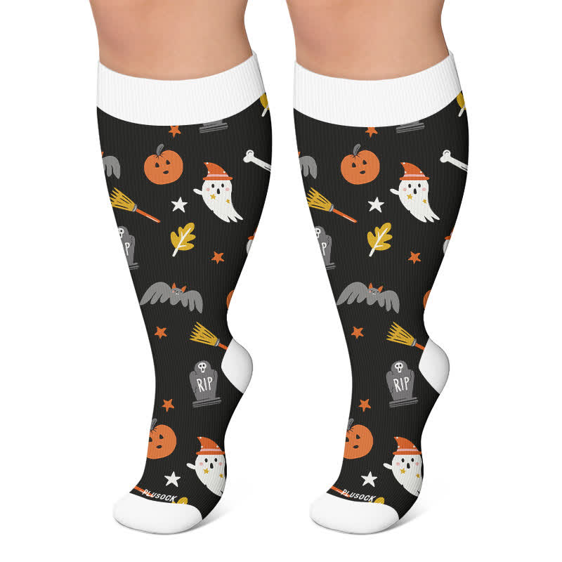 Plusock Plus Size Pumpkins Black Cats Compression Socks - Black - 4XL - image 5