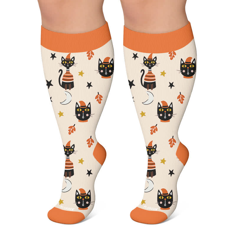 Plusock Plus Size Pumpkins Black Cats Compression Socks - Beige - 4XL - image 4