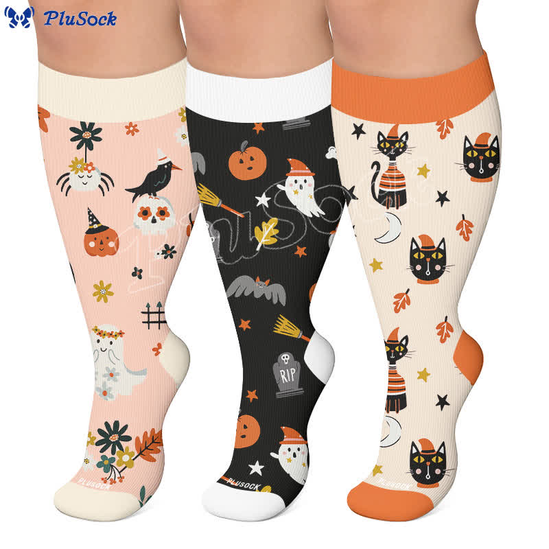Plusock Plus Size Pumpkins Black Cats Compression Socks - image 0