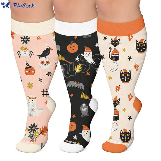 Plusock Plus Size Pumpkins Black Cats Compression Socks - image 0