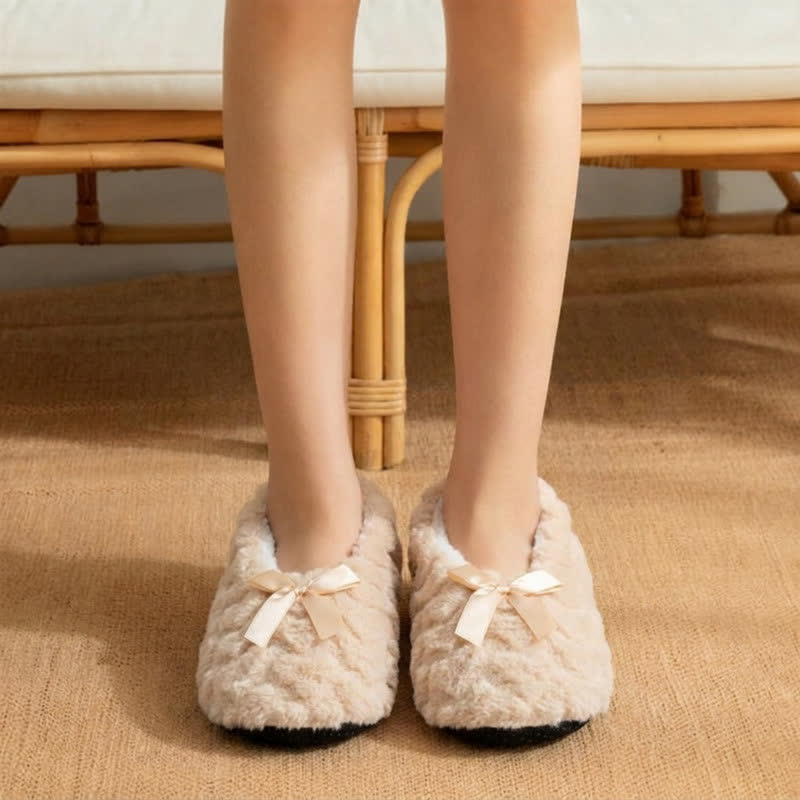 Plusock Multi-Color Satin Bow Plush House Slipper Socks - Beige - EU38-40(US5-7) - image 3