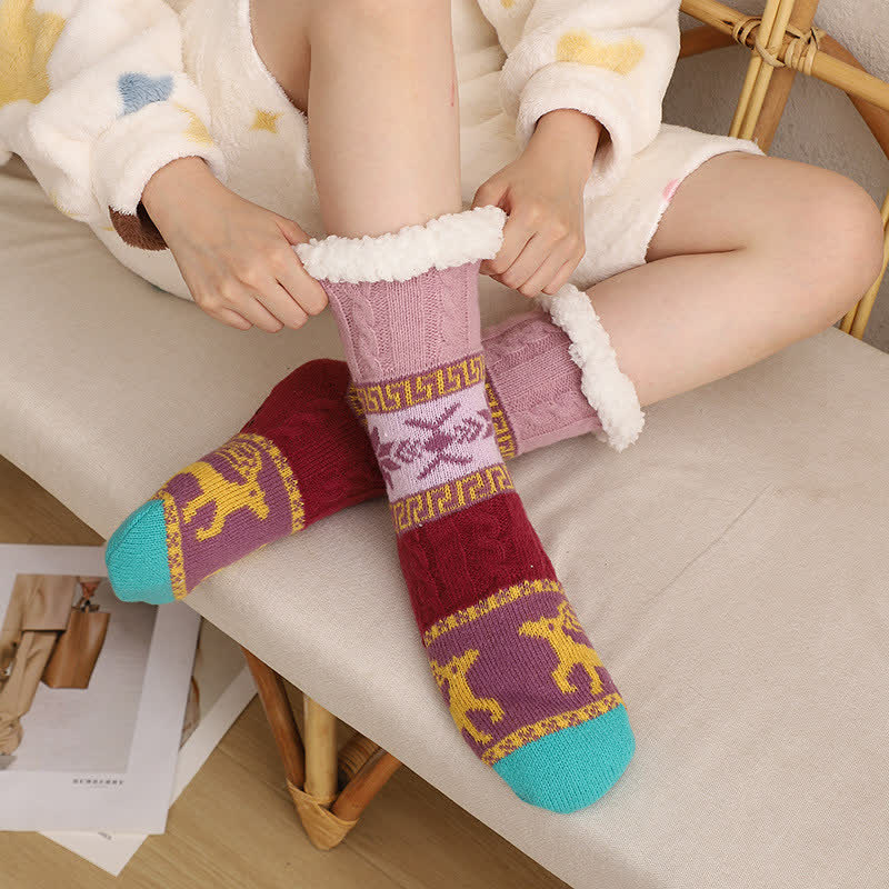 Plusock Nordic Winter Deer Pattern Fleece Lined Slipper Socks - C - EU36-42(US3-8.5) - image 2