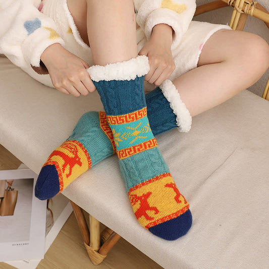 Plusock Nordic Winter Deer Pattern Fleece Lined Slipper Socks - A - EU36-42(US3-8.5) - image 0