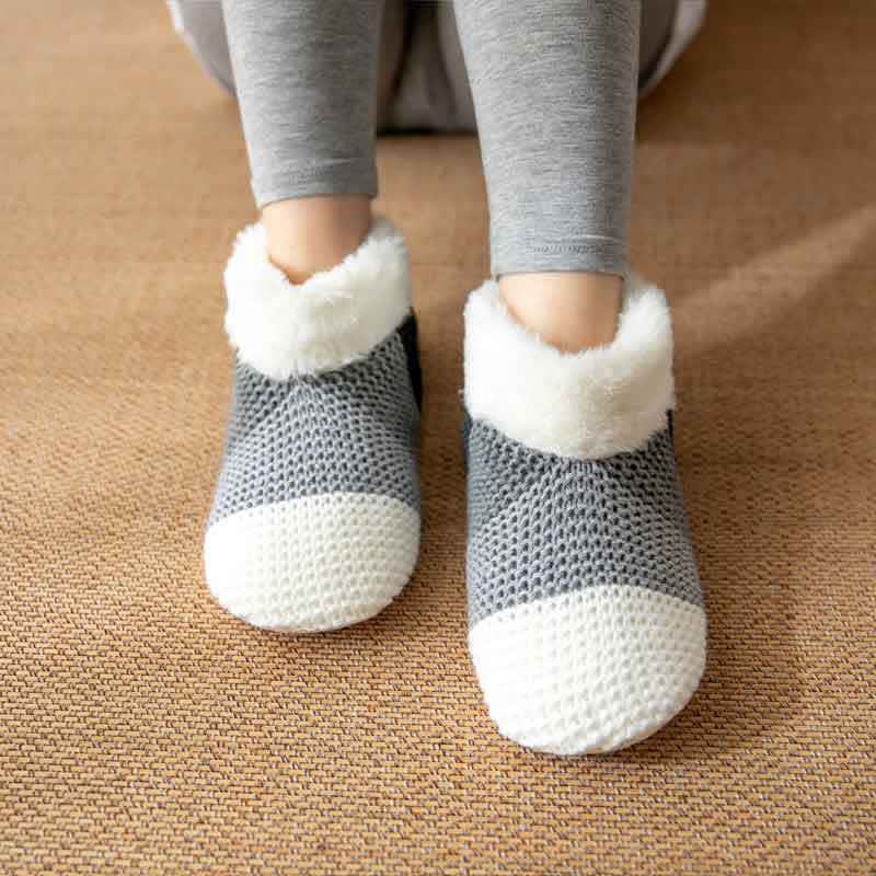Plusock Color Block Striped Fleece Cuff Slipper Socks - Grey - EU36-42(US3-8.5) - image 5