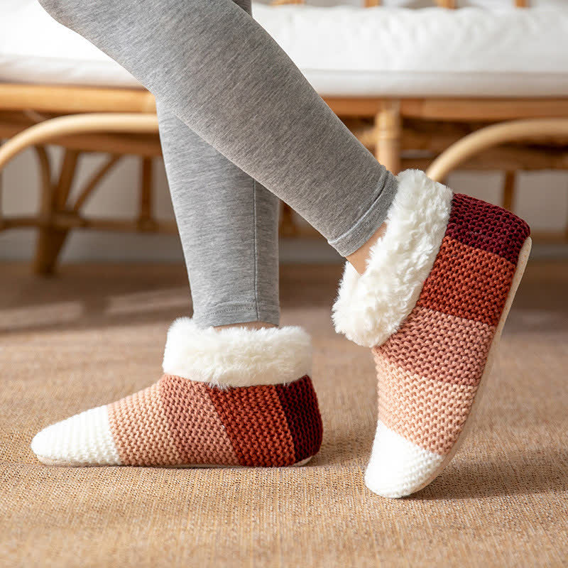 Plusock Color Block Striped Fleece Cuff Slipper Socks - Red - EU36-42(US3-8.5) - image 0