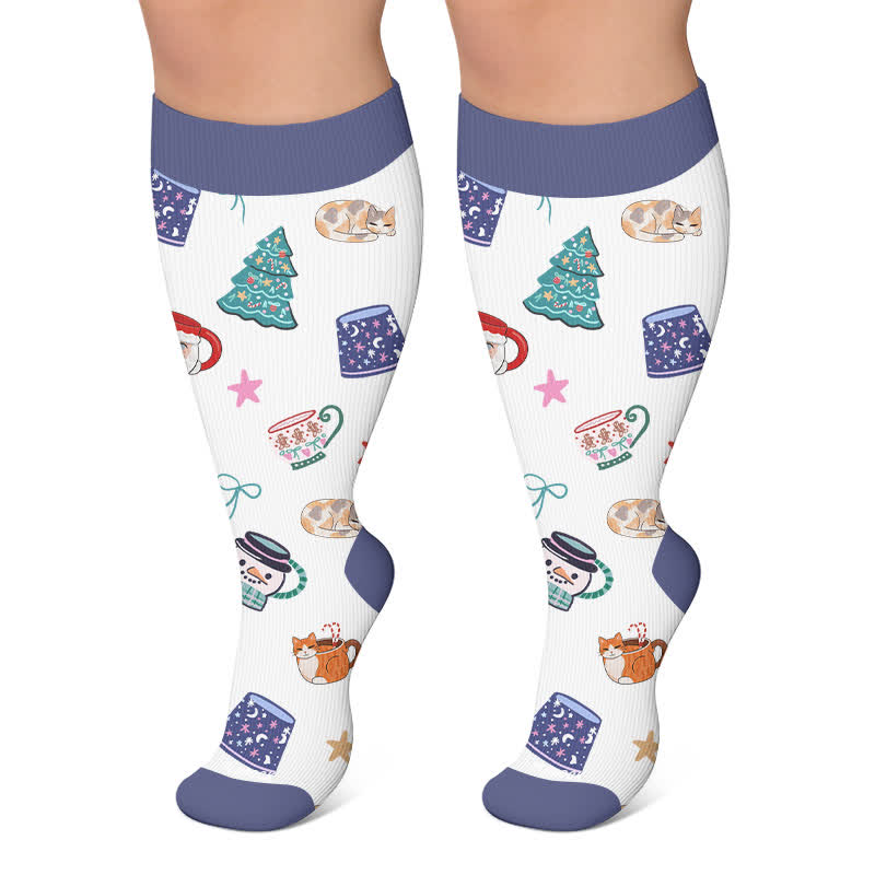 Plusock Christmas Sleepy Cat Cocoa Mug Compression Socks - White - 4XL - image 5