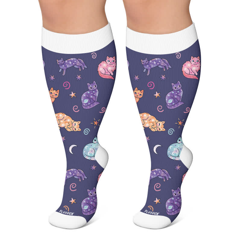 Plusock Christmas Sleepy Cat Cocoa Mug Compression Socks - Navy Blue - 4XL - image 6