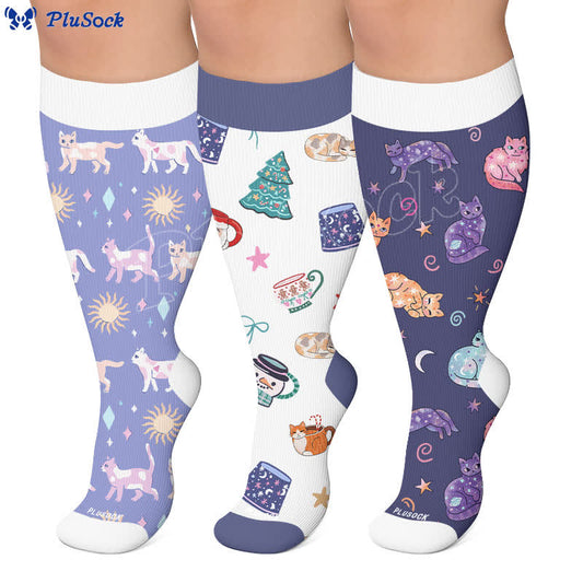 Plusock Christmas Sleepy Cat Cocoa Mug Compression Socks - image 0