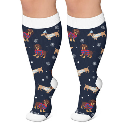 Plusock Plus Size Christmas Reindeer Dachshund Dog Compression Socks - Dark Blue - 4XL - image 4
