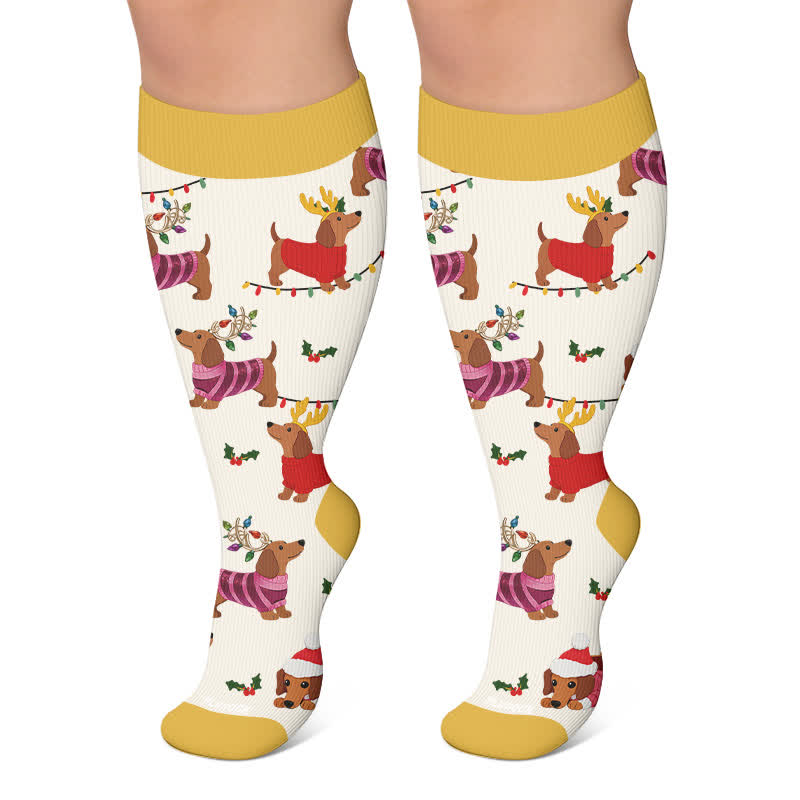 Plusock Plus Size Christmas Reindeer Dachshund Dog Compression Socks - Yellow - 4XL - image 5