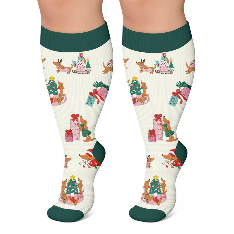 Plusock Plus Size Christmas Reindeer Dachshund Dog Compression Socks - Dark Green - 4XL - image 6