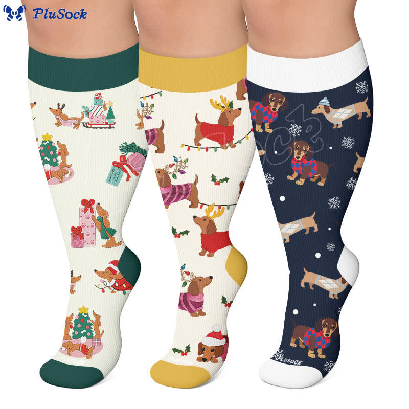 Plusock Plus Size Christmas Reindeer Dachshund Dog Compression Socks - image 0