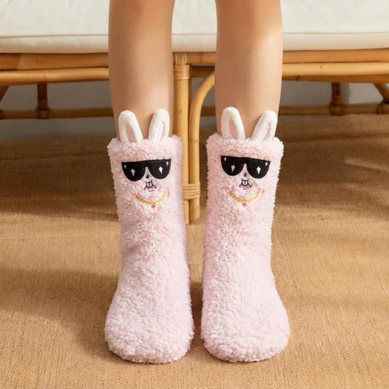 Plusock Blue Sunglasses Bunny Plush Slipper Socks - Pink - EU36-42(US3-8) - image 0