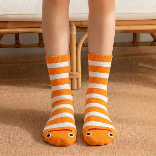 Plusock Orange White Striped Funny Face Slipper Socks (4 Pairs) - Orange - Kids EU28-31(US11-13) - image 0