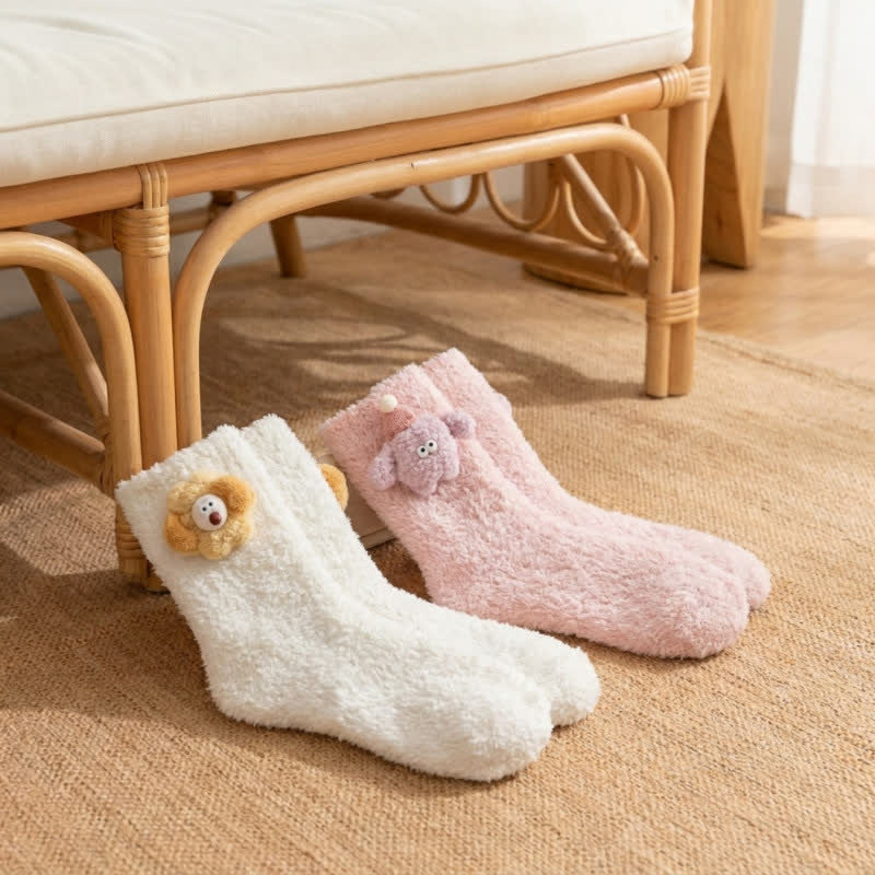 Plusock Fluffy Animal Accent Sherpa Lined Crew Socks (2 Pairs) - Light Green+Pink - EU36-42(US3-8.5) - image 10