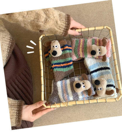 Plusock Striped Puppy Ears Fluffy Crew Socks (4 Pairs) - Pink+Blue+Grey+White - EU36-42(US3-8.5) - image 1