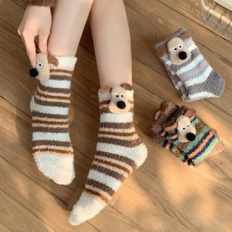 Plusock Striped Puppy Ears Fluffy Crew Socks (4 Pairs) - image 2