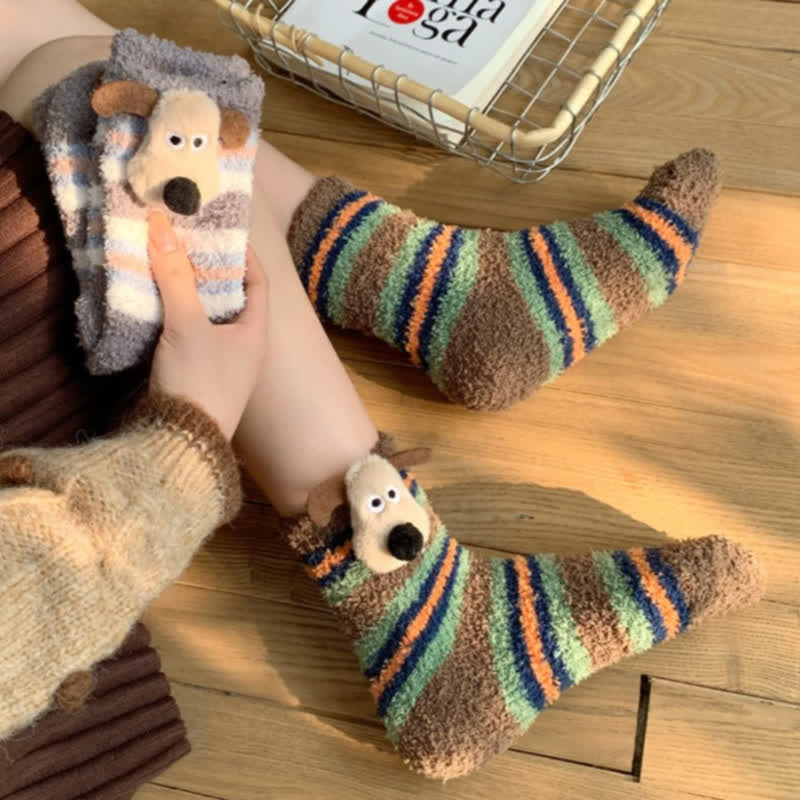 Plusock Striped Puppy Ears Fluffy Crew Socks (4 Pairs) - image 0