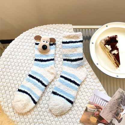 Plusock Striped Puppy Ears Fluffy Crew Socks (4 Pairs) - Blue - EU36-42(US3-8.5) - image 3