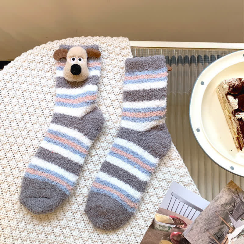 Plusock Striped Puppy Ears Fluffy Crew Socks (4 Pairs) - Grey - EU36-42(US3-8.5) - image 7