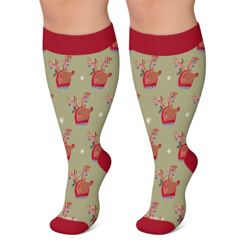 Plusock Plus Size Christmas Animal Compression Socks - Green - 4XL - image 6