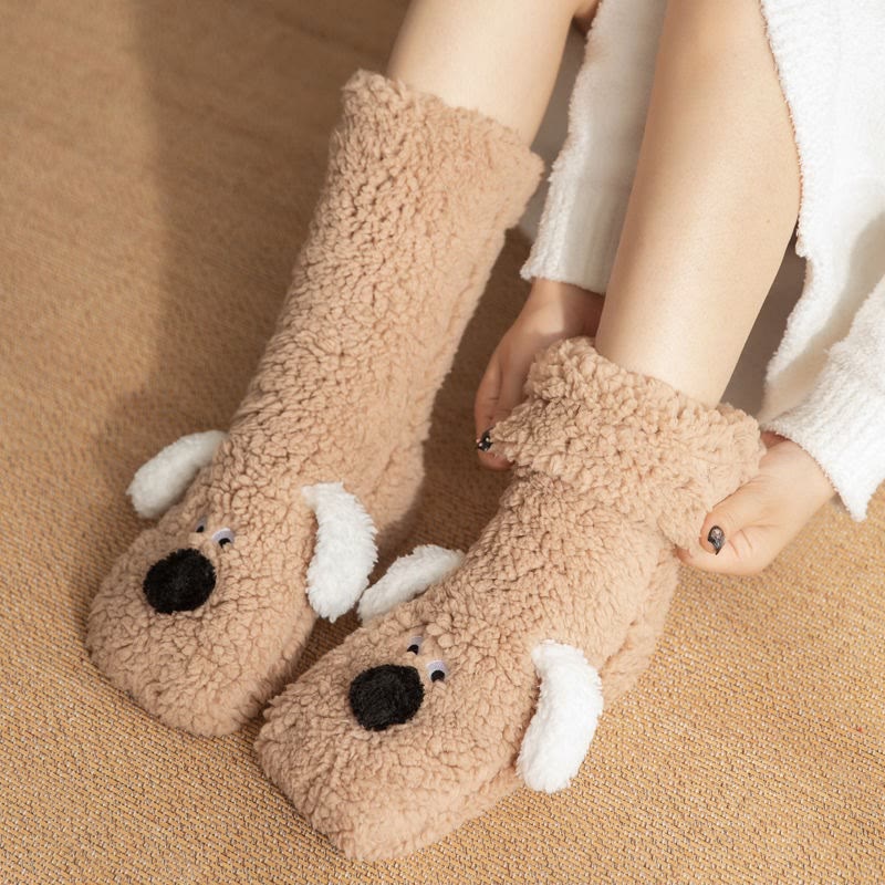 Plusock Cozy Puppy Sherpa Home Slipper Socks(2 Pairs) - image 1
