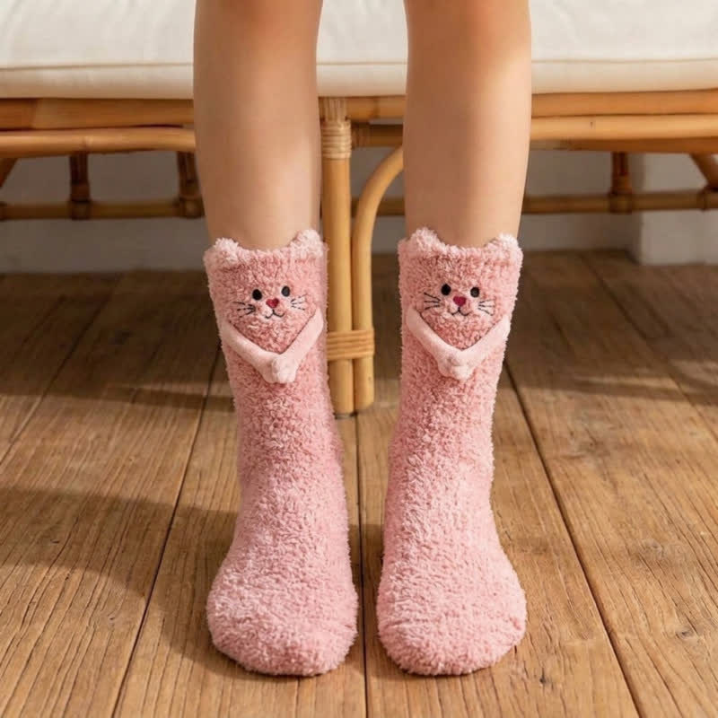 Plusock Cute Cat Animal Hand Holding Socks - Pink - EU36-42(US3-8.5) - image 1