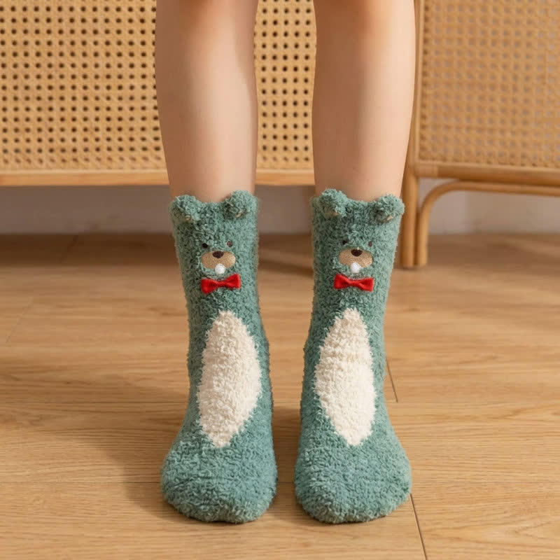 Plusock Cute Bear Bow Accent Plush Slipper Socks - Green - EU36-42(US3-8.5) - image 1