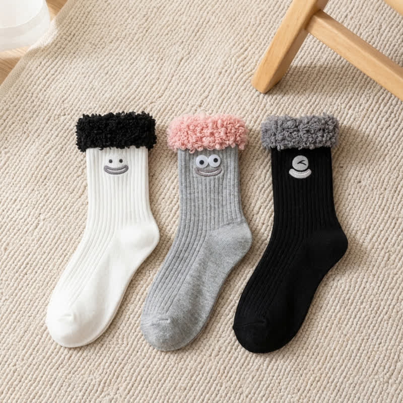 Plusock Cute Smiling Face Quarter Sock (3 Pairs) - Grey+Black+White - EU36-42(US3-8.5) - image 2