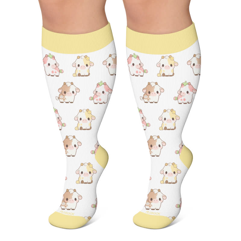 Plusock Plus Size Cute Cow Sheep Compression Socks - White - 4XL - image 4