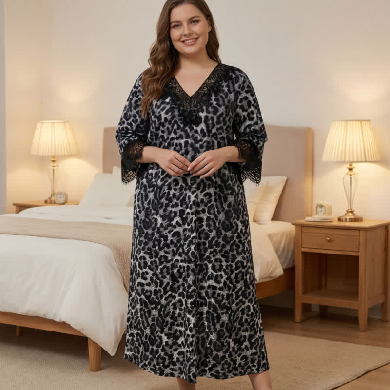 Plusock Leopard Lace Nightgown Loungewear - Black - 4XL - image 3